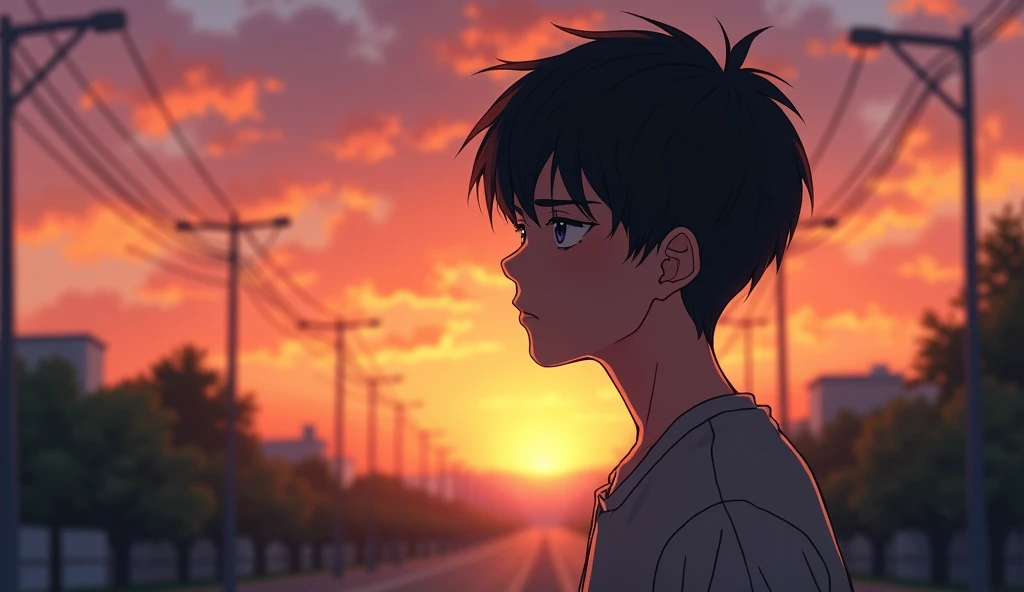 A Japanese male college student stares into the distance with a somber expression.,Excited,  Against the backdrop of the sunset, with a natural look, With a slightly tired look, tilt your face a little, Diagonal orientation, Average face