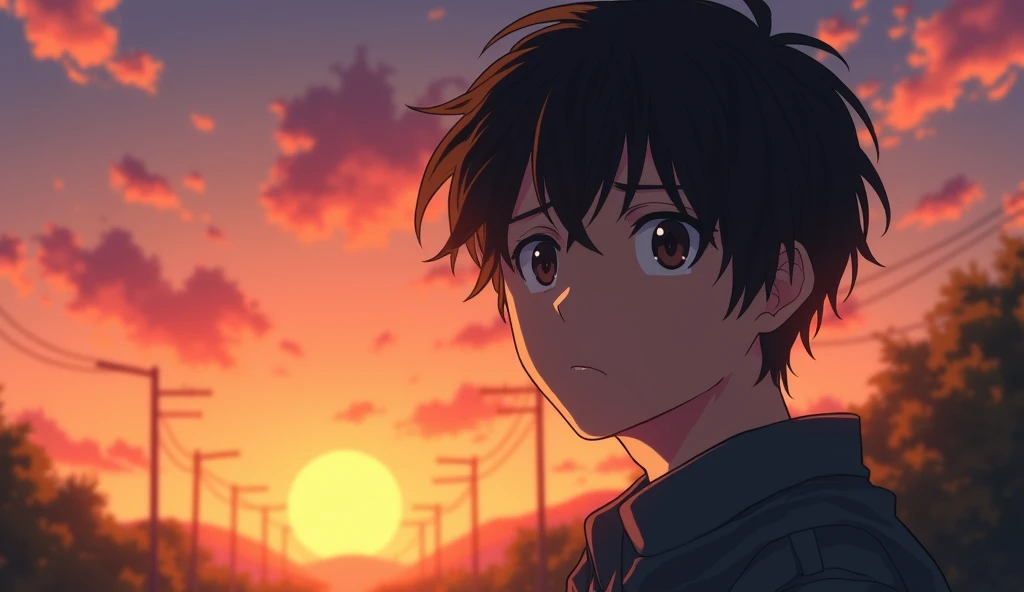 A Japanese male college student stares into the distance with a somber expression.,Excited, Against the backdrop of the sunset, with a natural look, With a slightly tired look, tilt your face a little, Diagonal orientation, Average face