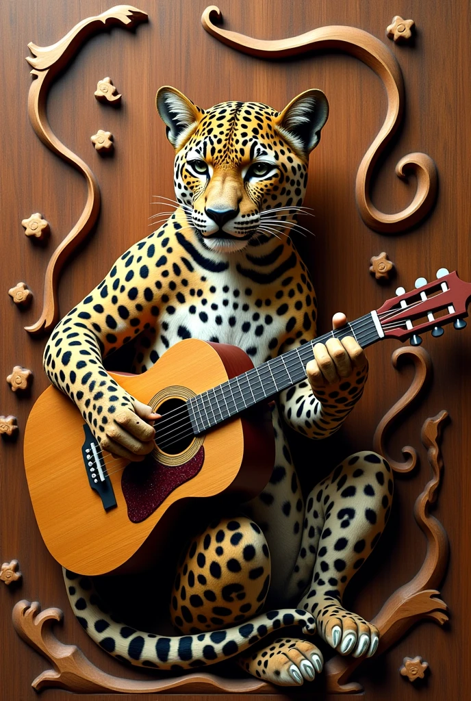 A mesmerizing artistic masterpiece features a lifelike leopard skillfully playing a wooden guitar. The guitar's strings emit swirling, stylized musical notes made of smoke, which dance around in the air. The leopard's African-inspired coat blends seamlessly with the intricate wood carving of the bas relief sculpture, which showcases a vibrant African wildlife scene. The overall effect is a harmonious fusion of stylized smoke, photorealistic animal, and wooden relief, creating a captivating and exotic atmosphere.