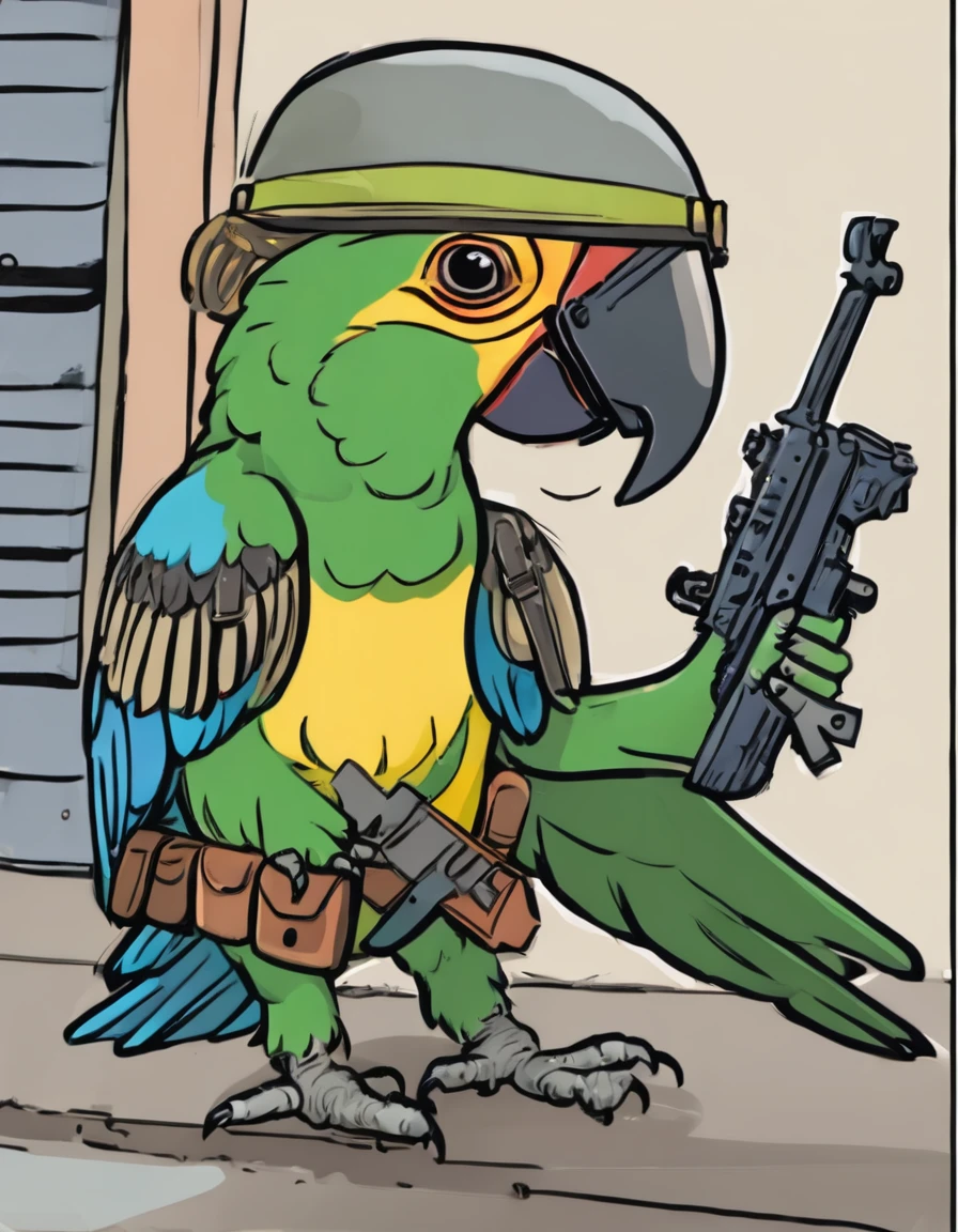 an Amazon parrot with a soldier's helmet, machine gun and knife, holding a sign that says "No parking at any time" with an arrow in it,