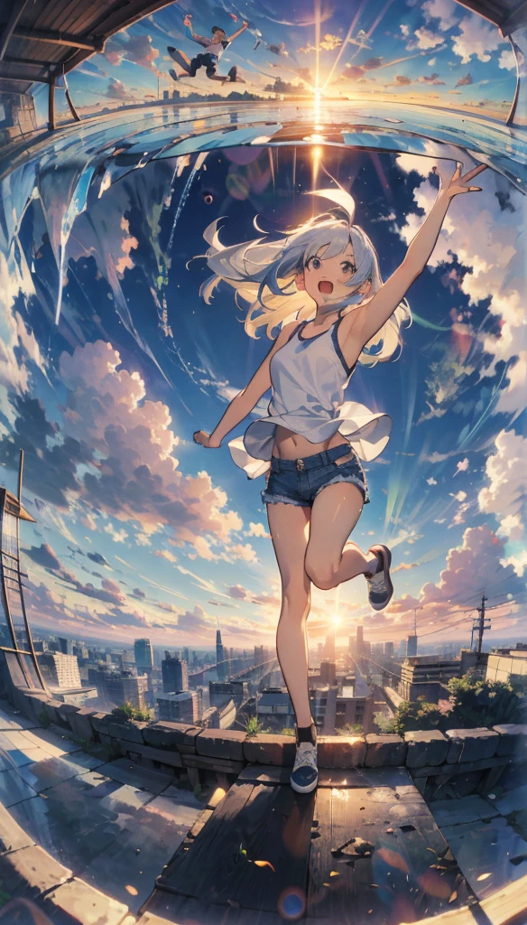 cloud，roller，Sky Sky，wing，jump，Floating，The Sunset Sun，daughter，Long white hair，Have fun，Open your mouth，LOL，Dynamic Hair，masterpiece，high quality，Depth of written boundary，Storytelling Images，Fisheye lens
One person　whole body　Beautiful girl　Tank top　Denim shorts