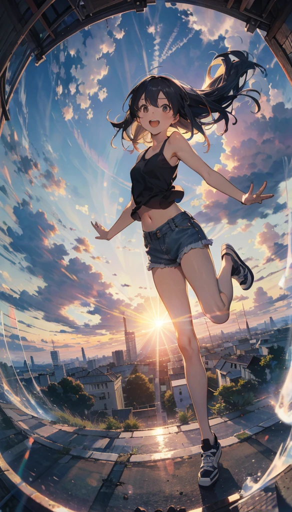 cloud，roller，Sky Sky，wing，jump，Floating，The Sunset Sun，daughter，Long white hair，Have fun，Open your mouth，LOL，Dynamic Hair，masterpiece，high quality，Depth of written boundary，Storytelling Images，Fisheye lens
One person　whole body　Beautiful girl　Tank top　Denim shorts