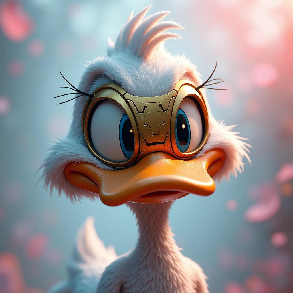 a whimsical caricature of an anthropomorphic Daffy Duck wearing a ironman mask, soft pastel colors, ethereal punk atmosphere, Looney Tunes art style, cartoon character, digital art, character design, hyperrealistic, detailed portrait, highly detailed, 4k, 8k, photorealistic, masterpiece, best quality