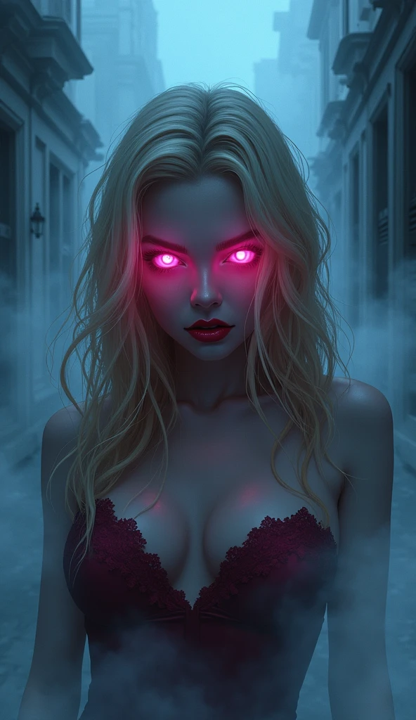 fantasy comic art fog hiding female vampire, you only see a pair of glowing pink glowing eyes )) full body picture, (((the fog hides the face))), red lips, blond hair, (((vampire teeth: 1.5))), glamour dress, you see only the glowing eyes , you see only the pair of eyes, fantasy dark alley background, the fog fills the alley, you see only the glowing eyes 