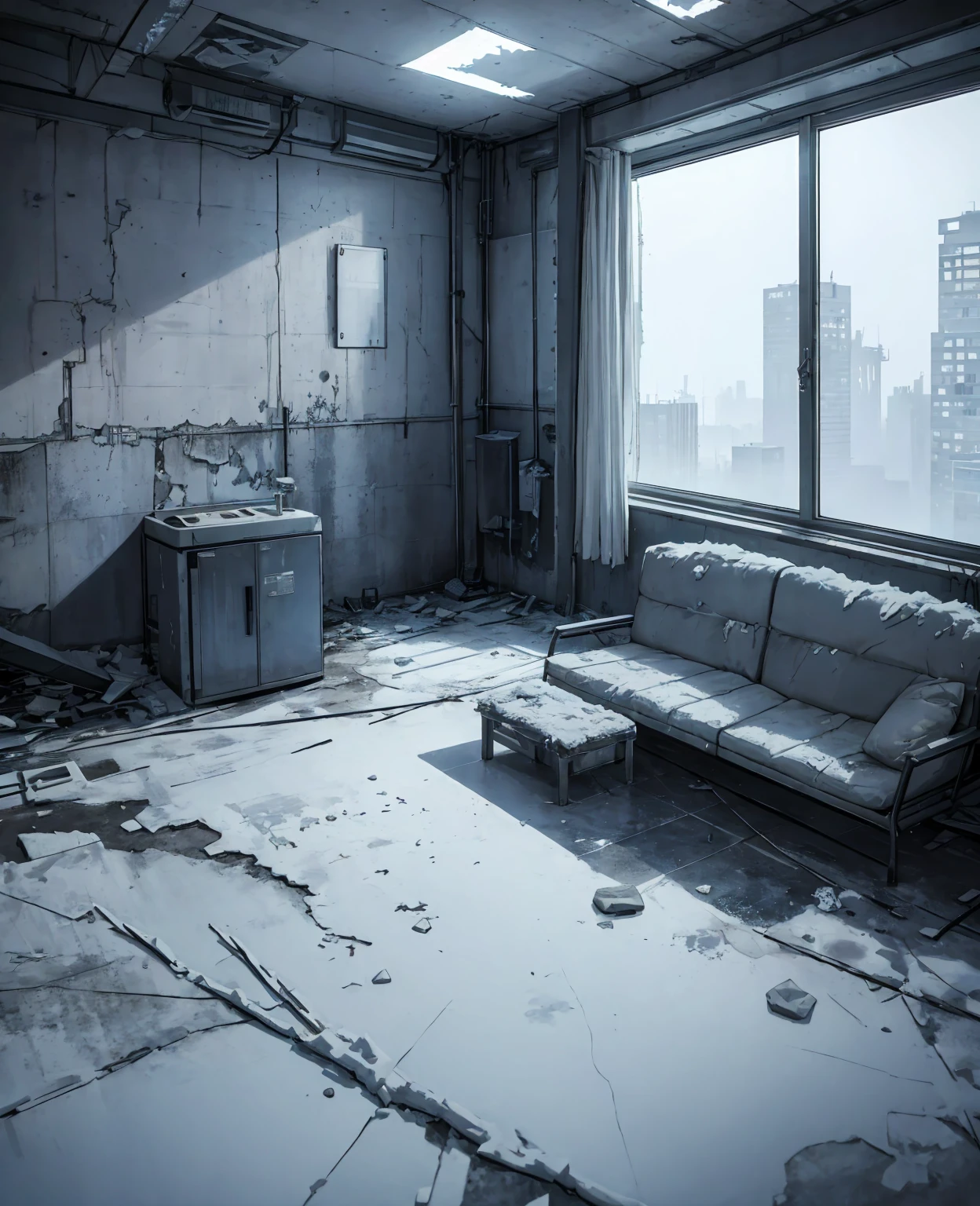 a frozen apocalyptic landscape, a modern apartment interior, cracked concrete walls, snow and ice covering the floors, shattered windows, abandoned furniture, desolate atmosphere, dim lighting, blue and grey color tones, dramatic shadows, highly detailed, cinematic composition, realistic 3D rendering, masterpiece