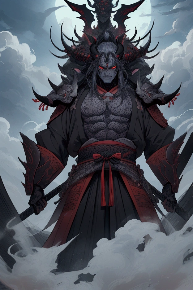 An intriguing image of a menacing, demonic male figure standing in the air, clutching a towering blade in one hand, against a backdrop of ethereal clouds. The subject bears a strong resemblance to the Asura warriors of Chinese mythology, and its appearance suggests a hybrid creature between a demon and a samurai. The demon samurai exudes an aura of strength and power, with its body shrouded in a billowing cloud of smoke, reminiscent of a traditional Japanese style known as "bushido". Overall, the image conveys an otherworldly sense of awe and power, as if the creature is a celestial god descended from the heavens.