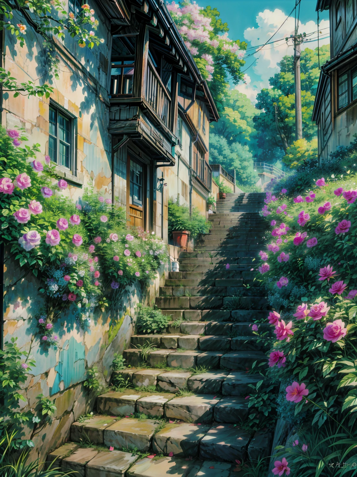 Picture of stairs leading to a road, Flowers, hanging Flowers, rose, Makoto Shinkai. Attention to detail, too much growth. by makoto shinkai, by makoto shinkai, by makoto shinkai, anime. by makoto shinkai, studio ghibli environment, ghibli studio art, Studio Ghibli movie stills, Ghibli Studio Style, style of Makoto Shinkai,  4k hd,, Beautiful Art UHD 4K, Beautiful artwork illustration, Beautiful digital painting, Highly detailed digital painting, Beautiful digital art, Detailed painting 4k, Highly detailed digital painting, Rich, picturesque colors, Gorgeous digital painting