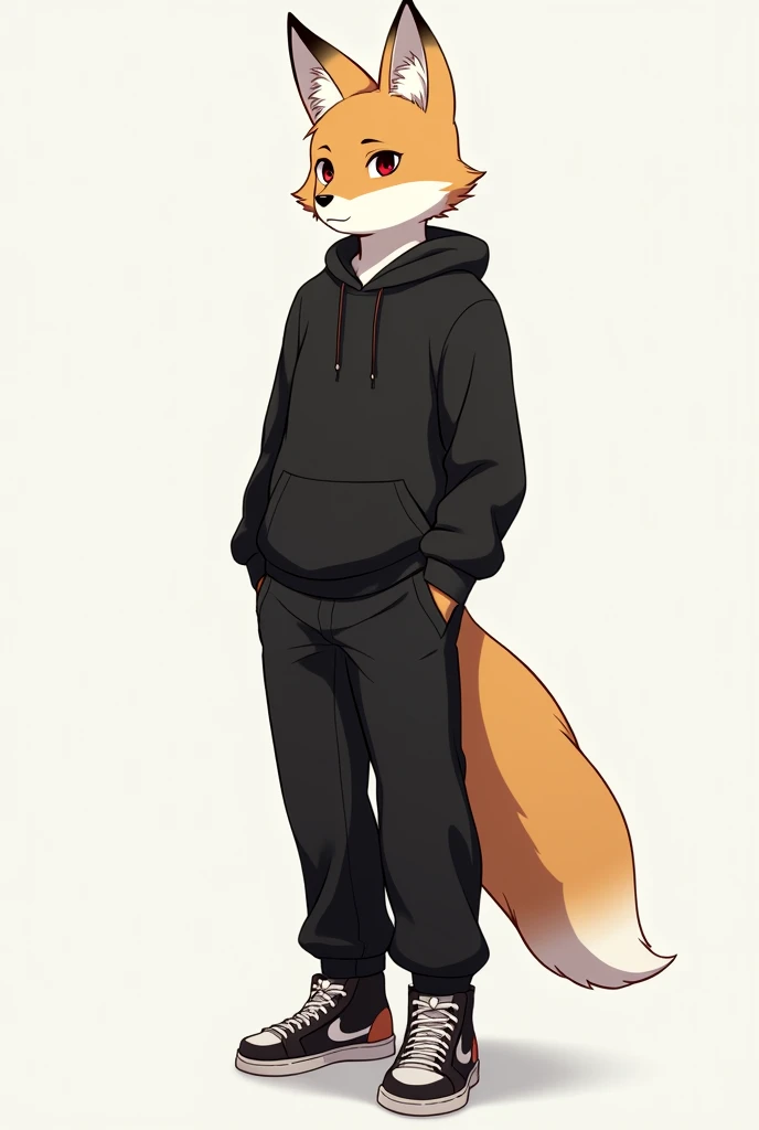 1guy, anime, male fox, below-average, furry, anthropomorphic, dark red eyes, handsome guy, with black sweater and long pants, sneackers, standing