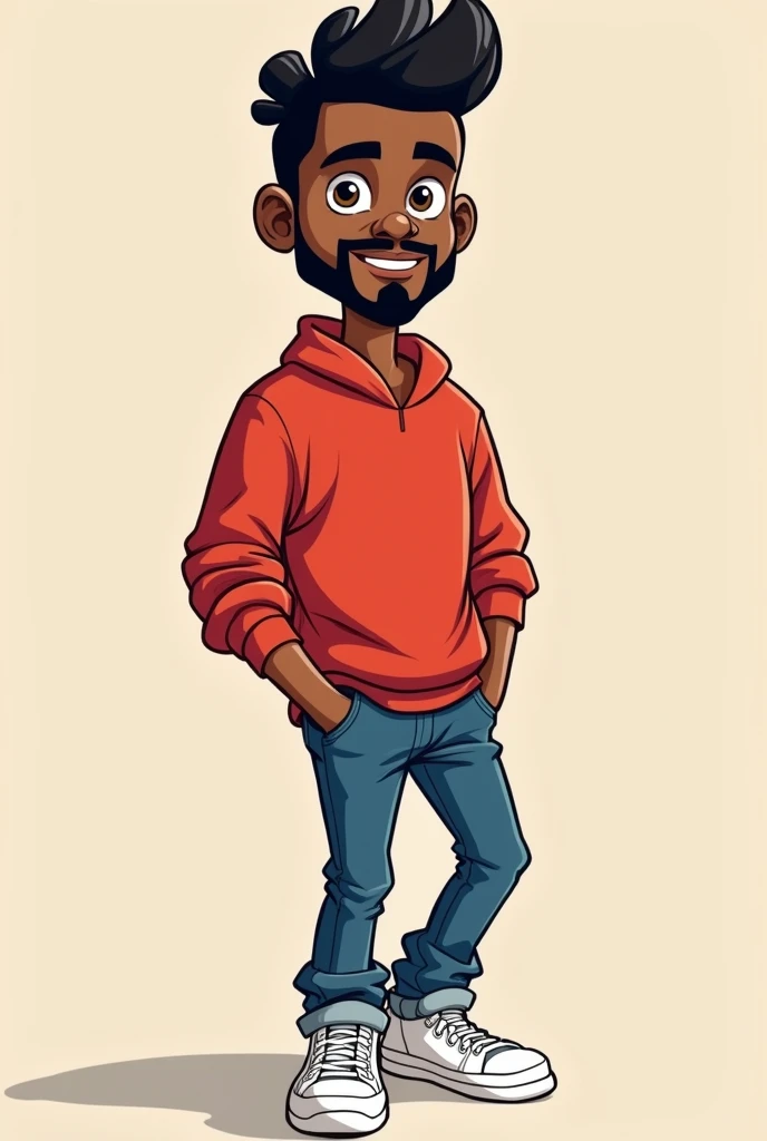 Fun-loving black cartoon man with a goatee, mustache, and pompadour, all black, brown eyes, red shirt, blue jeans, and white sneakers.