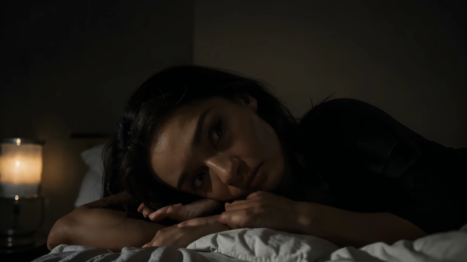 A woman in a dark room listening to voices, lying in bed with hands over her ears, expression of terror, minimal lighting highlighting her fear, 16:9 --v 5 --ar 16:9 --style horror