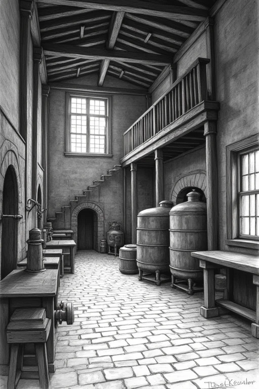 a freehand sketch illustration of an old-style cachaça distillery, black and white, detailed sketch, traditional distillery equipment, rustic atmosphere, intricate architectural details, aged wooden structures, steel vats and barrels, cobblestone floors, natural lighting, high contrast, chiaroscuro, pencil sketch, charcoal drawing, masterpiece, best quality, hyper detailed