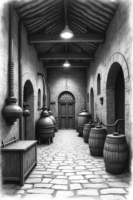 a freehand sketch illustration of an old-style cachaça distillery, black and white, detailed sketch, traditional distillery equipment, rustic atmosphere, intricate architectural details, aged wooden structures, steel vats and barrels, cobblestone floors, natural lighting, high contrast, chiaroscuro, pencil sketch, charcoal drawing, masterpiece, best quality, hyper detailed