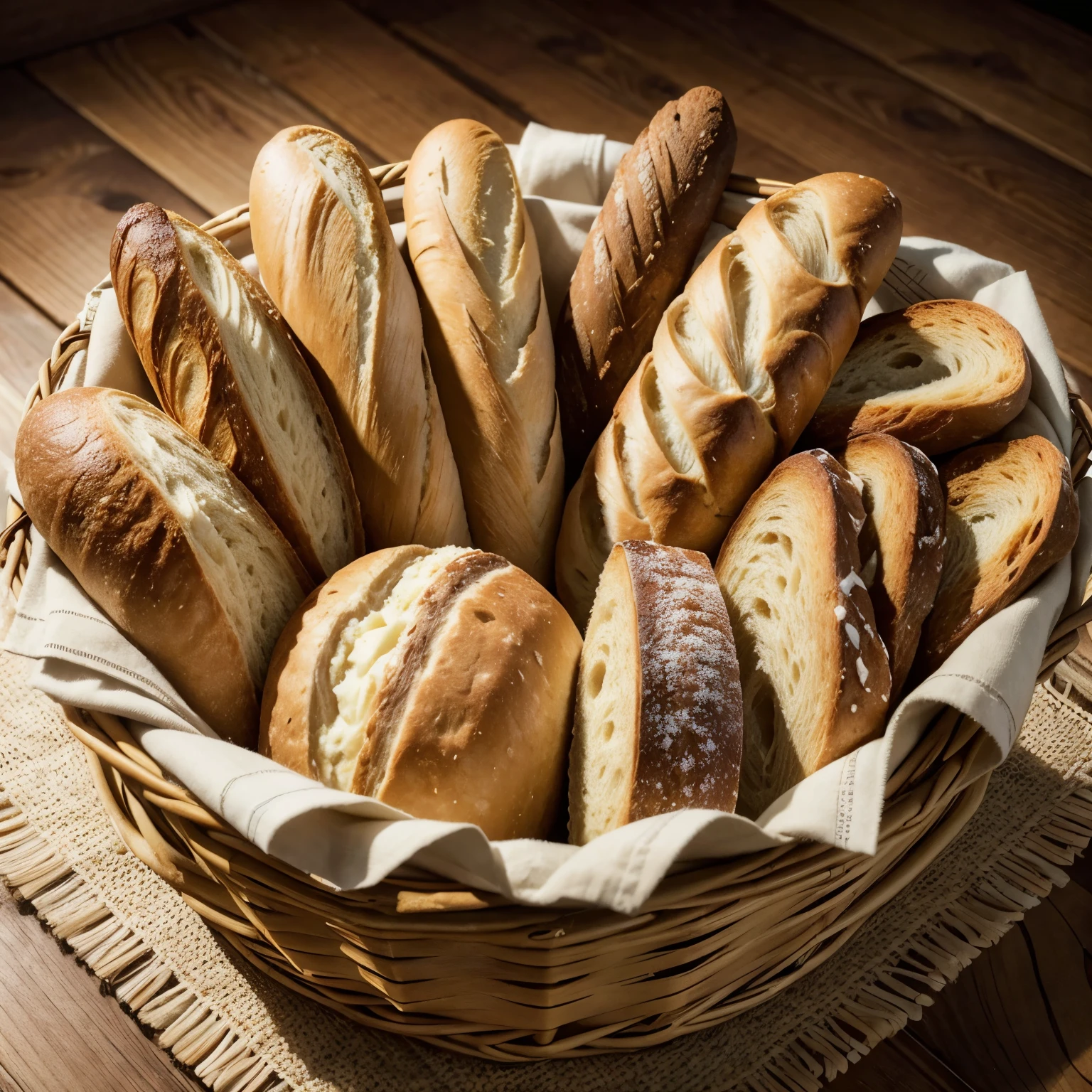 A basket full of crispy and golden artisan breads, like baguettes, ciabattas and whole wheat breads, with the text "Bread Made with Love - Always Fresh for You".