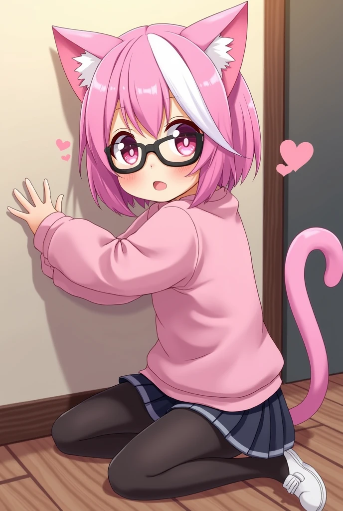 I have pink white hair, cat ears, a bow, My face is super blushing, black glasses, pink heart eyes, a big pink sweatshirt, a skirt under her skirt a black short, black stockings, White shoes, a cat&#39;s tail, A very shy girl I&#39;m hitting you against a wall grabbing her butt