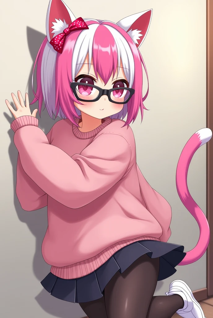 I have pink white hair, cat ears, a bow, My face is super blushing, black glasses, pink heart eyes, a big pink sweatshirt, a skirt under her skirt a black short, black stockings, White shoes, a cat's tail, A very shy girl I'm hitting you against a wall grabbing her butt