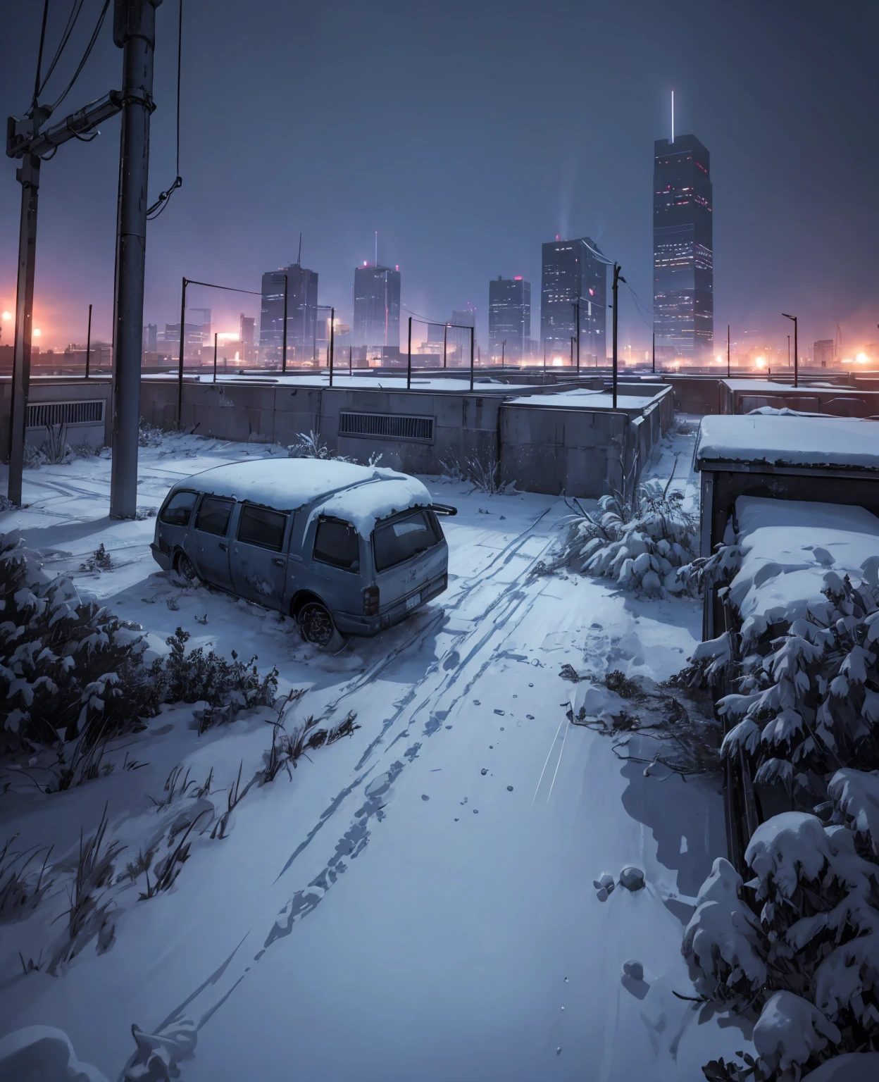 a modern frozen city landscape, apocalyptic cityscape, dark moody atmosphere, dystopian, gloomy city, snow-covered buildings, icy environment, abandoned vehicles, bleak and desolate, eerie and unsettling, cold and lifeless, dramatic lighting, moody blue and purple tones, highly detailed, cinematic composition, photorealistic, 8k