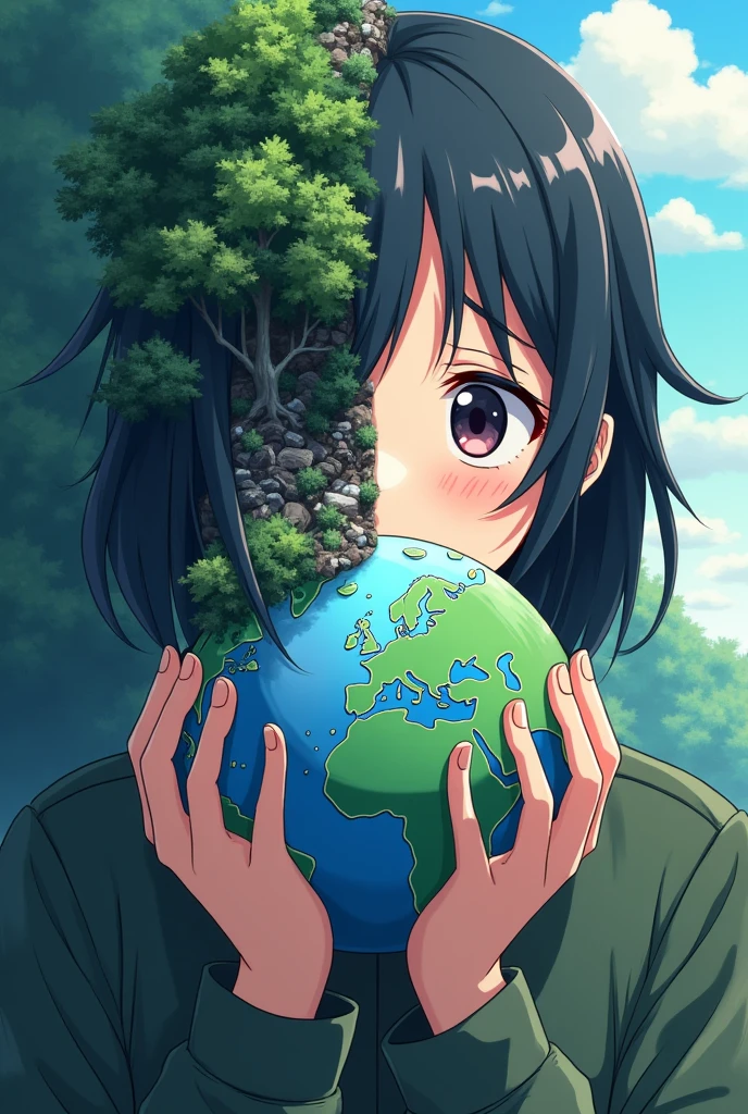 Planet Earth divided in half, In the first half, there is too much garbage and toxic waste, and in the second half, there is no garbage or toxic waste., with a sad face 😢, held in human hands, anime style.