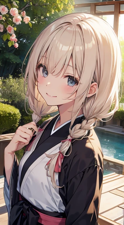 smileで手を振る少女、Cream colored hair、iroha　Kazama、ribbon、smile、Japanese garden、Close ~ eyes、Open your mouth、Bird&#39;s-eye view、masterpiece、(((Highest quality)))、