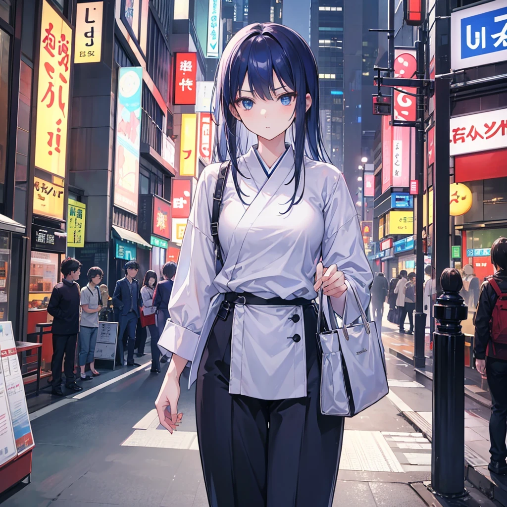 A woman in slightly fitted clothing is wearing pants and a blouse, looking to the side. She is Japanese and is in Tokyo at night. She must look around 19 years old. She is well-dressed and has blue eyes with a slightly serious face.
