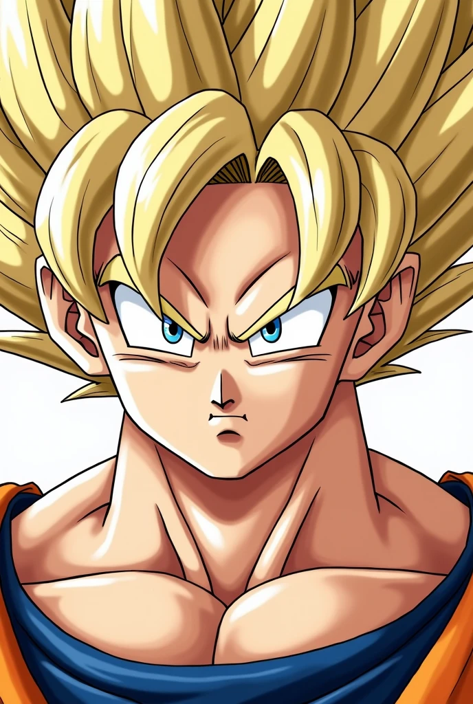 Goku from Dragon Ball Super in detail looking at the camera in ultra hd. half yellow hair and white hair in anime