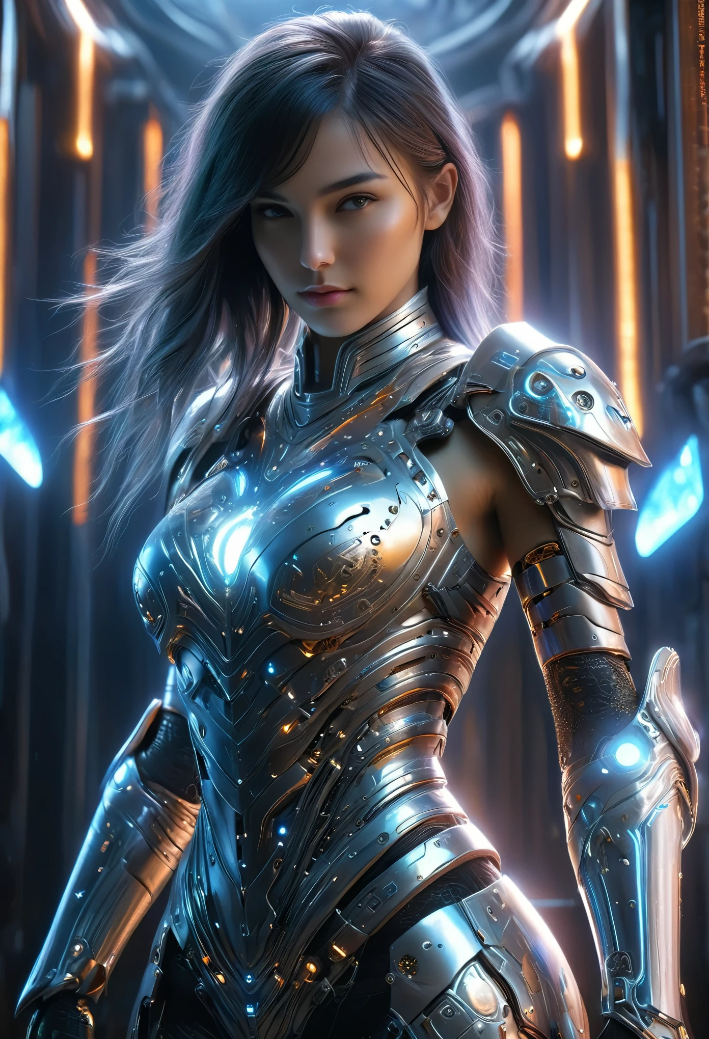 (Best Quality, 4K, 8K, High Resolution, Masterpiece: 1.2), (Super Detailed, Realistic, Photorealistic:1.37), A woman in futuristic clothing, (erotic and sexy:1.4), Trending on cgstation, Trending on cgstation, (Portrait of a girl in the Knights of the Zodiac:1.4), (blunt bangs:1.7), Cute Cyborg Girl, Perfect android girl, Portrait Astronaut Girl, Beautiful girl cyborg, Girl wearing iridescent and white mechanical cyber armor, Game CG, cgsociety and fenghua zhong, Beautiful Cyborg Shrine Maiden, Bioluminescence, (Gal Gadot:0.6), Anatomically correct grip, Anatomically correct four fingers and one thumb, (long claws:1.4), erotic and sexy, 