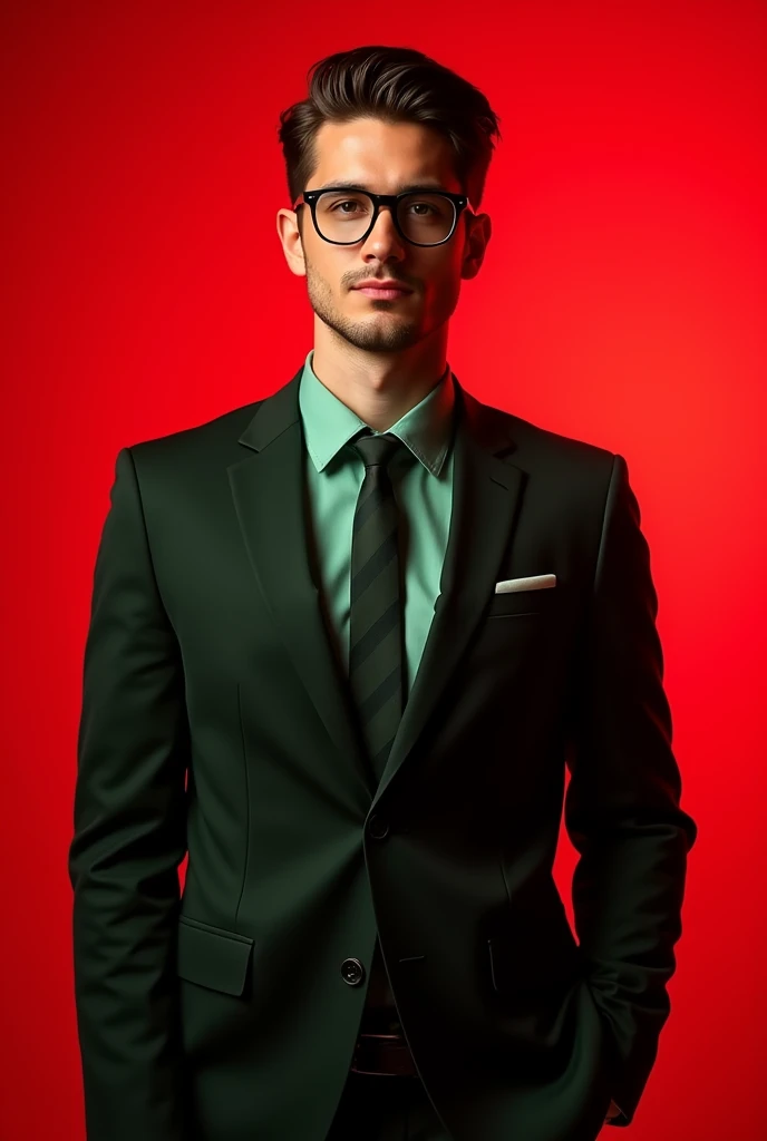 26 years old handsome white man and face is fresh and There will be no gap in the face wearing blazer suits green and black colour and tye and business man and glasses posing for likeedin red light in background