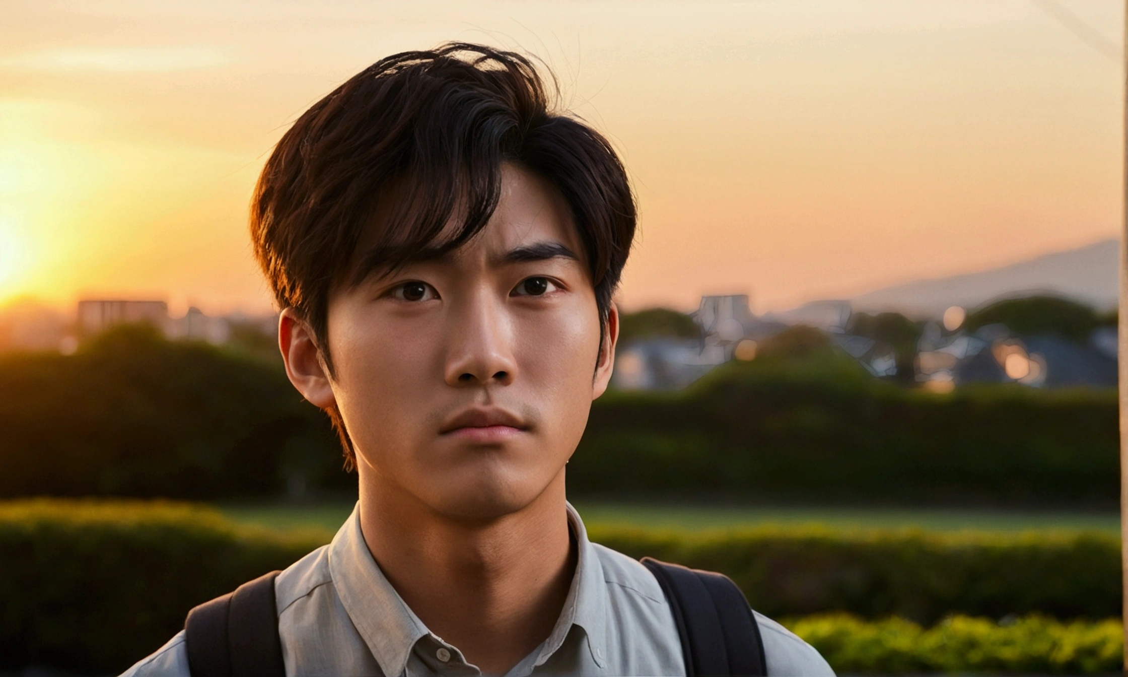 A Japanese male college student stares into the distance with a somber expression.,Excited, Against the backdrop of the sunset, with a natural look, With a slightly tired look, tilt your face a little, Diagonal orientation, Average face