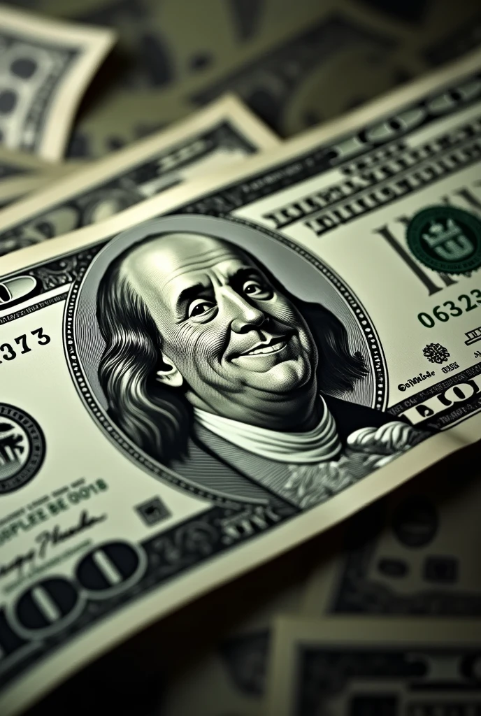 a dollar paper, Benjamin franklin is laughing, cinematic view