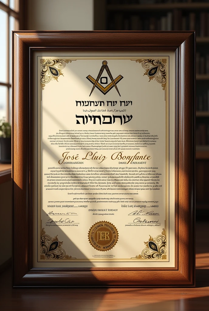 Masonic Diploma : how is the name of José Luiz bonfante read, lodge degree Tel Aviv orientation, written in Hebrew