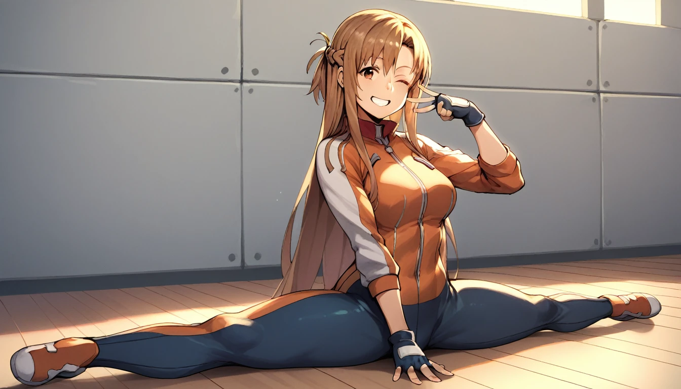 yuuki asuna, brown eyes, brown hair, long hair, bangs, braid, tracksuit, fingerless gloves, 1girl, solo, Sitting, On the floor, Split Horizon, stretch, horizontal splits, stretch regs, hands on floor, smile, one eye closed, grin