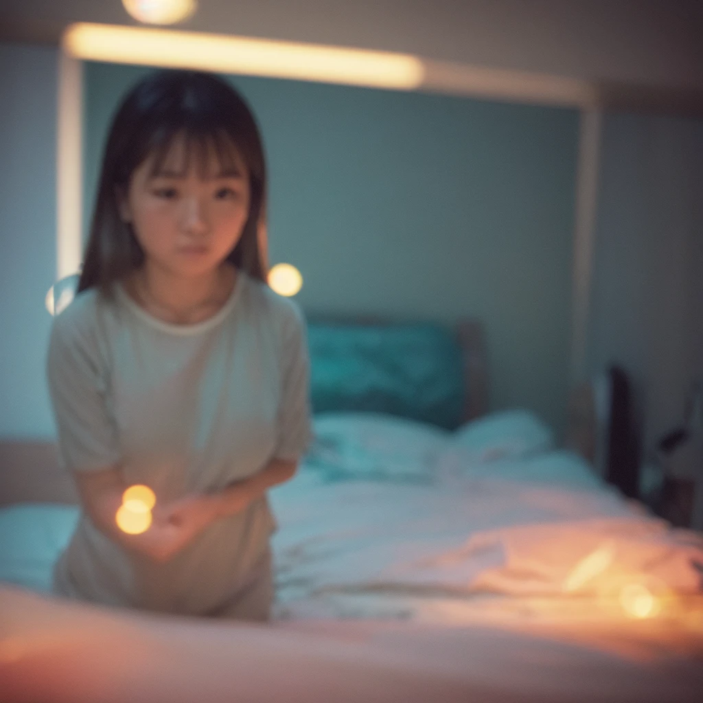 Sumilux f2.8 50mm , Polaroid , low Latitude old color negative film , cross process , bokeh , Long exposure , blur , flare, chromatic aberration , soft glow , Maximum aperture, low Key , Transparent depiction , Tyndall , thick woman , looking away , (in the bedroom:1.3) , dim light , perineum , Heart pounding