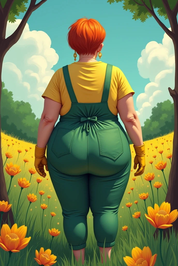 (masterpiece, Best Quality:1.2), mother (dexter&#39;s laboratory), 1 girl, Alone, apron, jewelry, earrings, gloves, old, Wide hips, make up, Lipstick, thick thighs, curves, shirt, large old,thighs, short hair, Orange hair, short sleeves, mature woman, Lips, yellow gloves, elbow gloves, green pants, flower, outdoor, yellow flower, tree, standing, field, grass, nature, sky, day, cowboy shot, forest, scenery , (((take it from behind))), (((fat ass))) , 