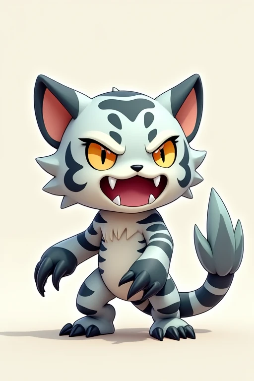 A small Chibi baby humaniod creature.
 Appearance: a hybrid creature,  half saber tooth tiger half scorpion .
The creature is mostly tiger but had scorpion like tail and claws.
The creature looks very menacing.
 Style : cel shaded , 3d , anime, Full-body,  t pose.
Colors: white , lite gray and dark gray

This is a digimon 