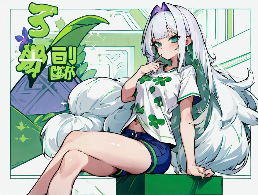 2 girls, big butt and flat chest, large breasts and small butt, white hair with green bangs, white hair with purple bangs, Loose T-shirt, pajama-style tight shorts, cuteness, blue eyes, green eyes, Embarrassment, crossed legs, sitting