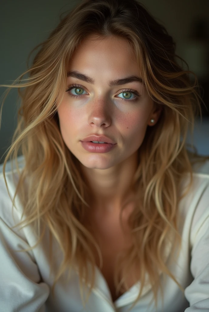 Une jeune et belle femme de 20 ans, coiffure long cheveux blonds, grands yeux verts regard perçant, à la peau claire, J&#39;étais en pyjama, Elle était au lit, Prenez soin de vos cheveux avant d&#39;aller au lit., L&#39;environnement est éclairé par des lumières chaudes et agréables..，fais briller tes cheveux, Son visage était naturellement serein., lèvres avec rouge à lèvres, Texture 8k, très détaillé, réaliste, lumière douce et cinématographique, HDR, netteté, chef-d&#39;œuvre, Fotor est réaliste, photographie primée, un Canon EOS R5, 35 millimètres