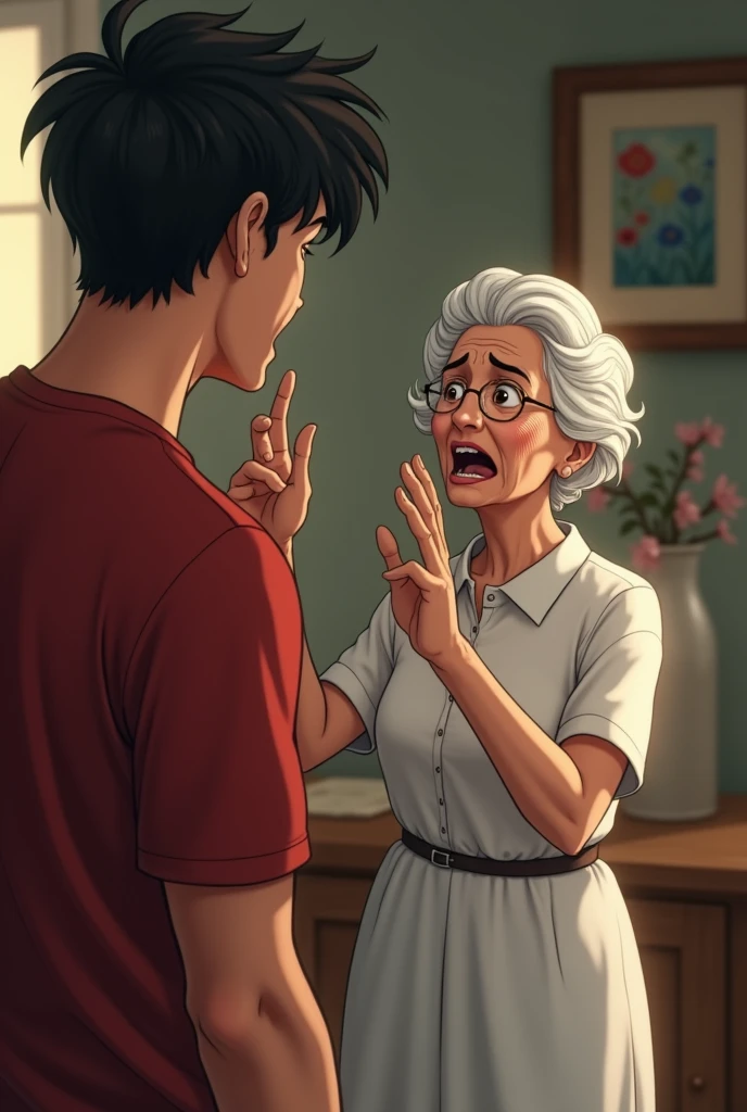 A young man in a red shirt, angry, Standing rudely in front of his elderly mother, dressed in a white dress, his face wore a sad expression., raises his hand as if yelling, wide side, full body, realistic, 4k