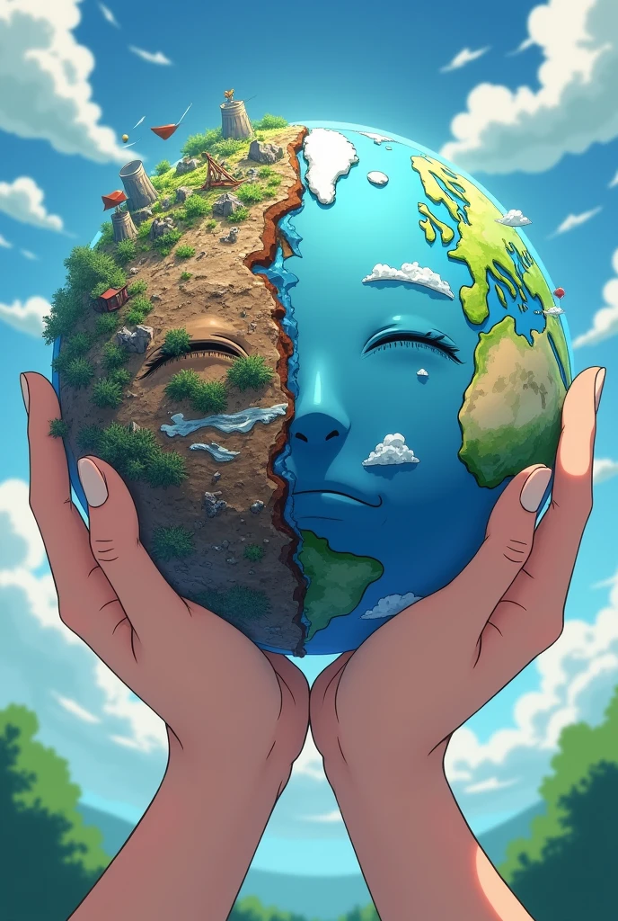 planet Earth, I divide the 1st half in half so that there is too much garbage and toxic waste and in the 2nd half so that there is no garbage or toxic waste, with a sad face 😢, held in human hands, anime style.