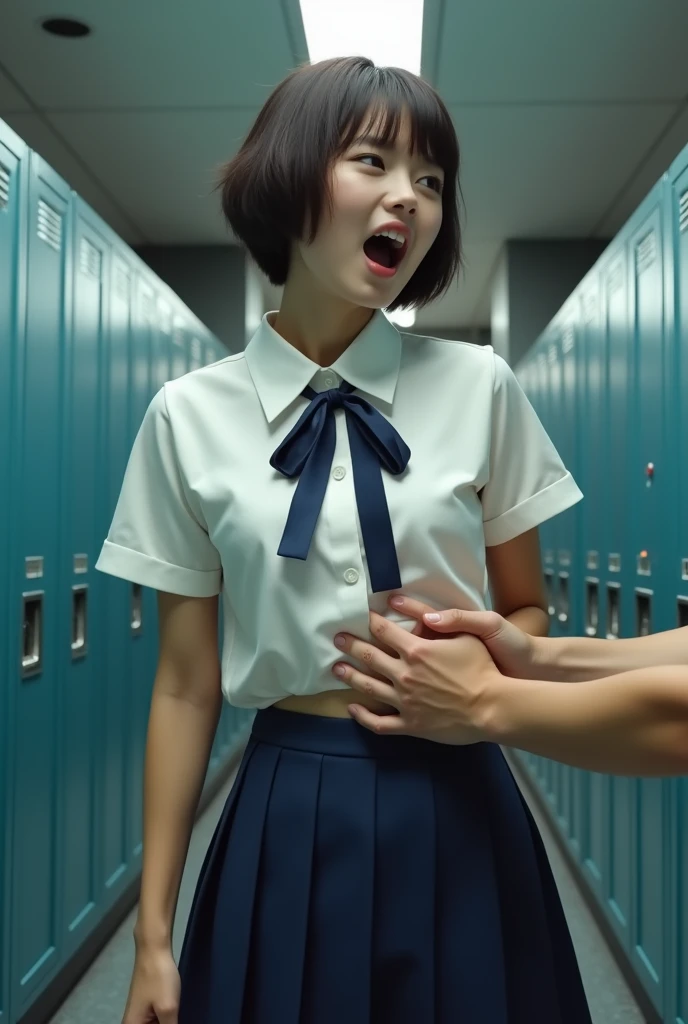 Photo realistic screaming korean woman being undressed by a man for his huge penis,white short sleeve shirt,darkblue neckribbon,darkblue pleated short skirt,darkbrown short hair,bangs,at lockerroom
