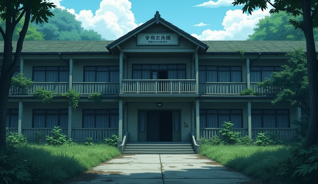A sad japanese school abandoned who the atmospher is very dark, outside of the school views anime style, the school entrance