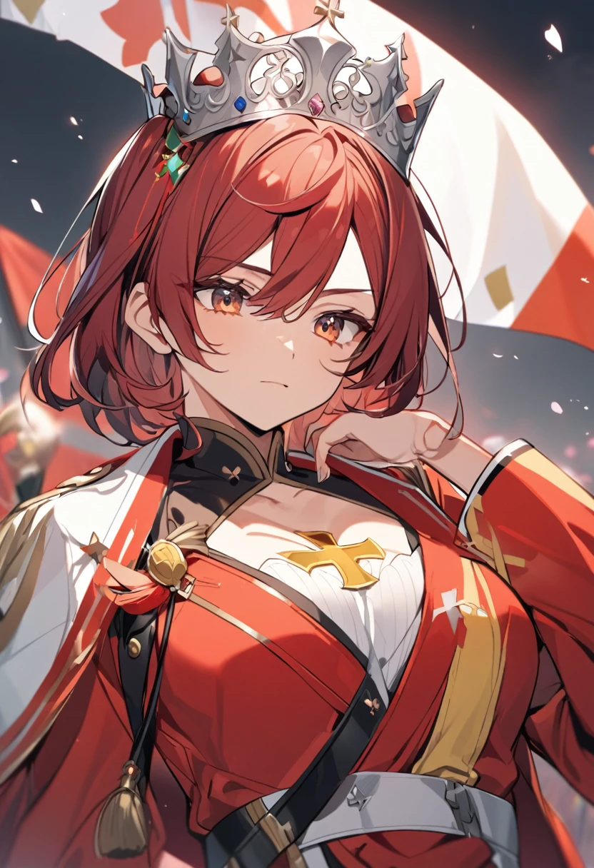 Misato Katsuragi, low neckline, red dress, red flag with yellow cross on her right chest, silver crown