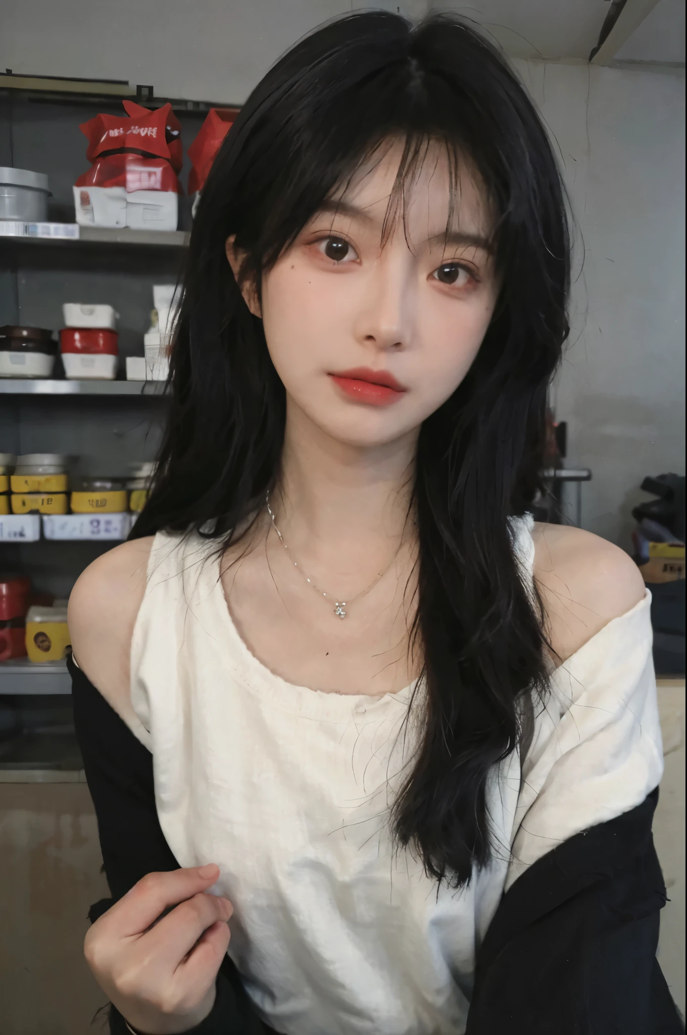 Best quality,Ultra-high resolution,(Realism:1.4),Cute hairpins,girll,Cropped black sweater,Look directly at the audience,Full of atmosphere,Beautiful woman with a slim figure:1.4,supermarket,Super delicate face,Exquisite eyes,Double eyelids,necklace