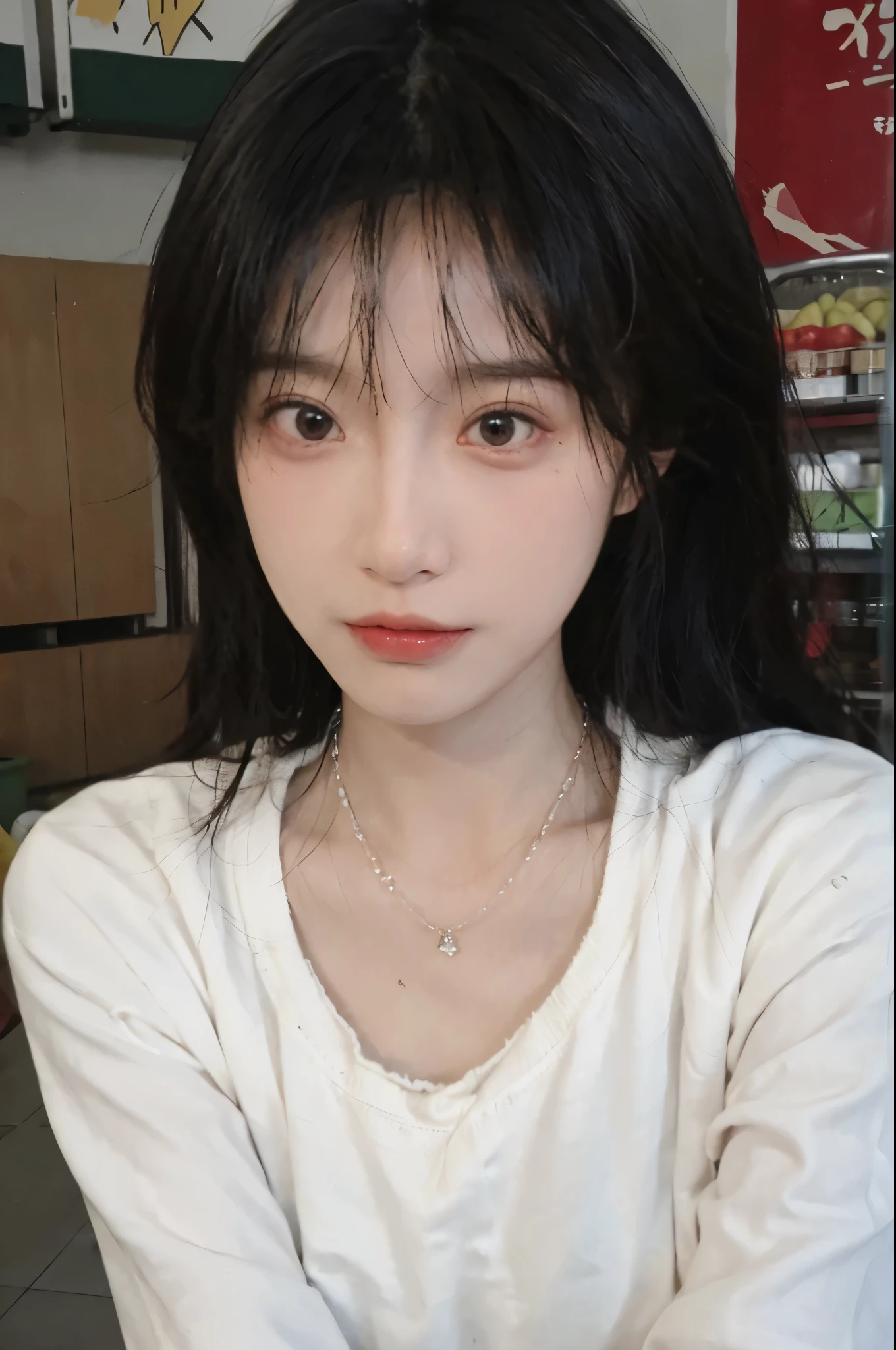 Best quality,Ultra-high resolution,(Realism:1.4),Cute hairpins,girll,Cropped black sweater,Look directly at the audience,Full of atmosphere,Beautiful woman with a slim figure:1.4,supermarket,Super delicate face,Exquisite eyes,Double eyelids,necklace