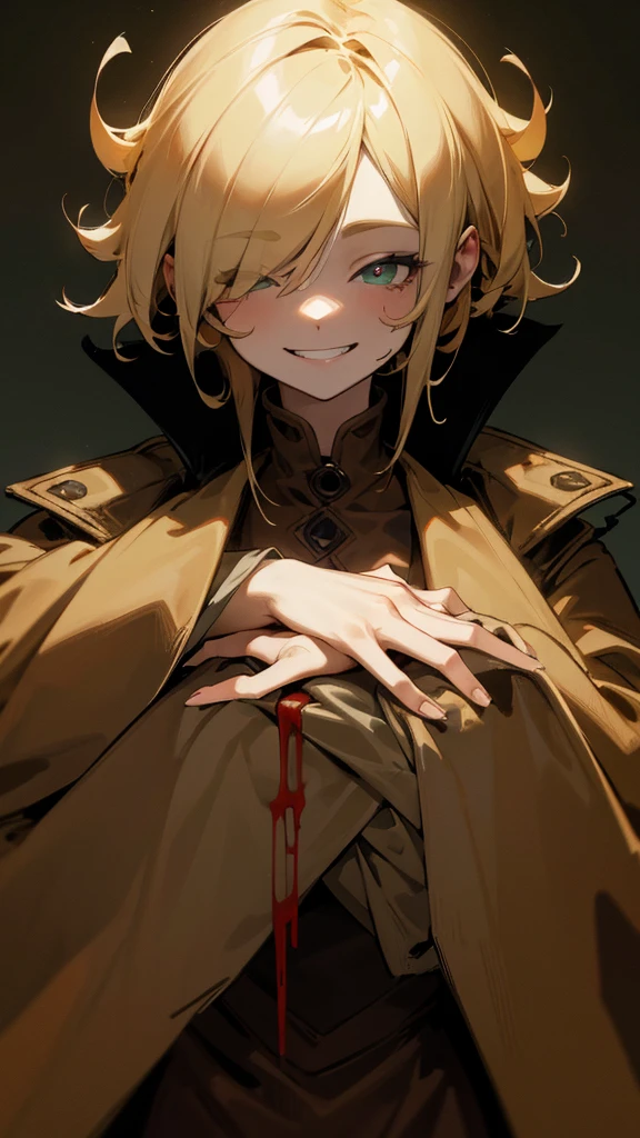 monster woman,brown outfit with poison green,face without eyes,face without skin,toothy and smiling mouth,Hands with blood,blond hair,brown trench coat,extravagant pose,dark background with low light,Unity 8k