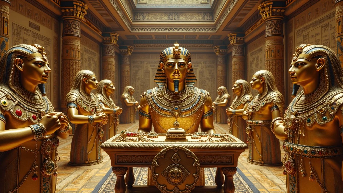 An impressive cinematic scene of Tutankhamun's tomb, filled with gold and precious stones. The large chamber displays a dazzling array of jewelry and precious stone necklaces, reflecting the opulence and wealth of ancient Egypt. The walls are adorned with intricate hieroglyphs and the ceiling displays a beautifully crafted mural. The atmosphere of the scene is rich in history and luxury, evoking a sense of wonder and awe., cinematic, architecture