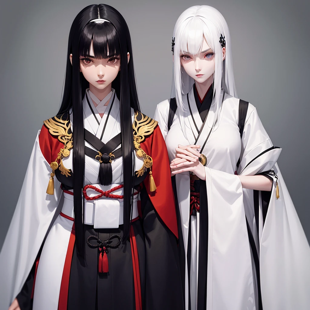 Girls couple. Tall, dominant woman, tanned, long straight black hair, athletic build. submissive woman, short stature, Pale skin, long straight white hair, slender or fragile build. Feudal Japan. Kimono dressed