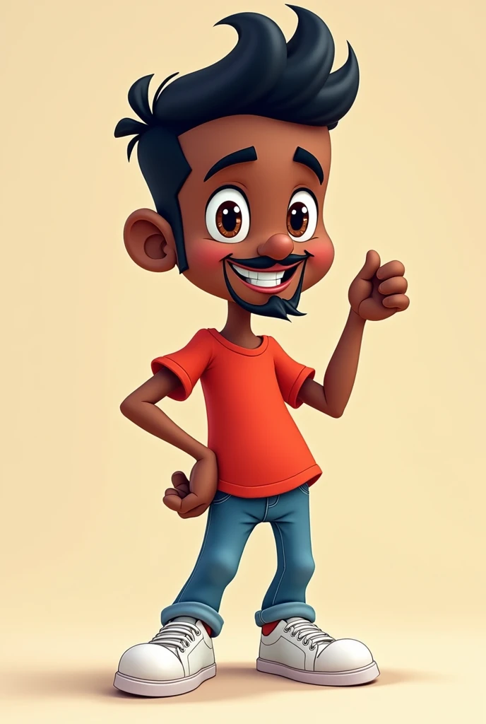 Fun-loving black cartoon man with a goatee, mustache, and pompadour, all black, brown eyes, red shirt, blue jeans, and white sneakers.