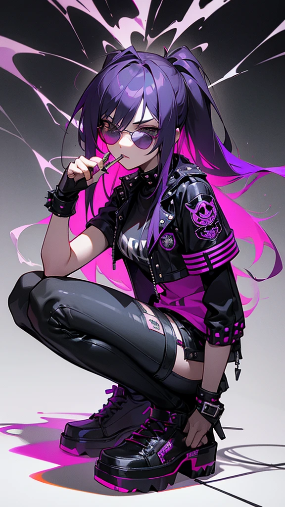young woman,Punk fashion in black and bright violet,Long hair with violet streaks,Dark pilot sunglasses,studded leather jacket,T-shirt with a heavy metal band image printed on it,Squat pose,Smoke a cigarette,Ominous Aura,Spilled paint background,Unity 8K