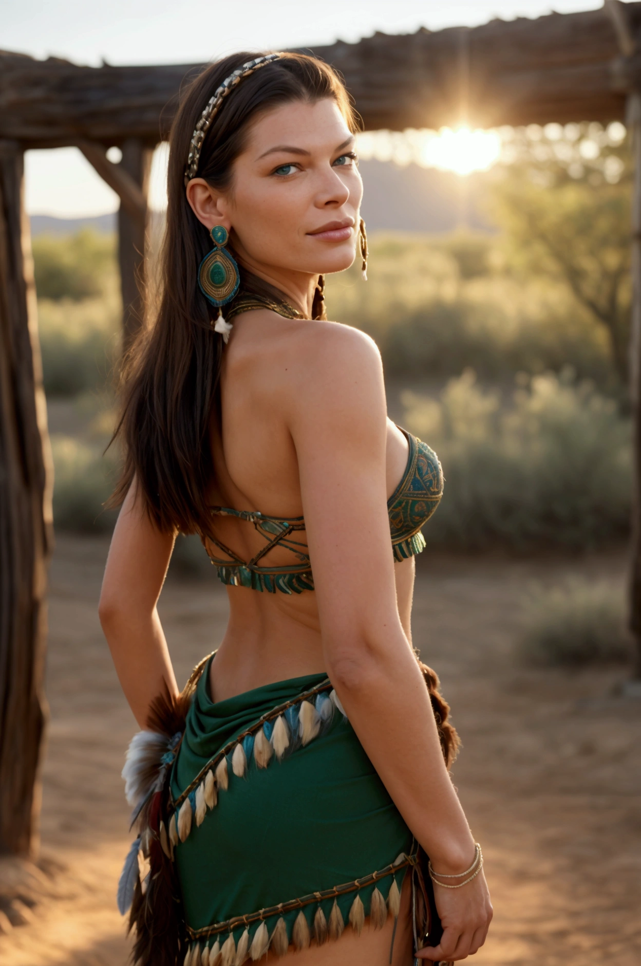 ((masterpiece)), ((best quality)), ((highres)), extremely detailed)), a beautiful 40-year-old Native American woman (Grace Kelly:Milla Jovovich:0.5), Pocahontas, full body shot, medium breasts, (super realistic), (peerless beauty), detailed skin texture, detailed cloth texture, beautiful detailed face, intricate details, ultra detailed, indigenous feather jewelry, feather headdress, traditional handmade green bra and dress, armed female hunter warrior, (((wild west))) environment, smile, in the village, ((surrounded by people)), ((dance pose)) back to the camera, ultra realistic, concept art, elegant, ((intricate)), ((highly detailed)), depth of field, ((professionally color graded)), soft ambient lighting, dusk, (Best quality, A high resolution, Photorealistic, primitive, 8K,Masterpiece), filmgrain, bokeh:1.2, Lens flare, (vivd colour:1.2)
