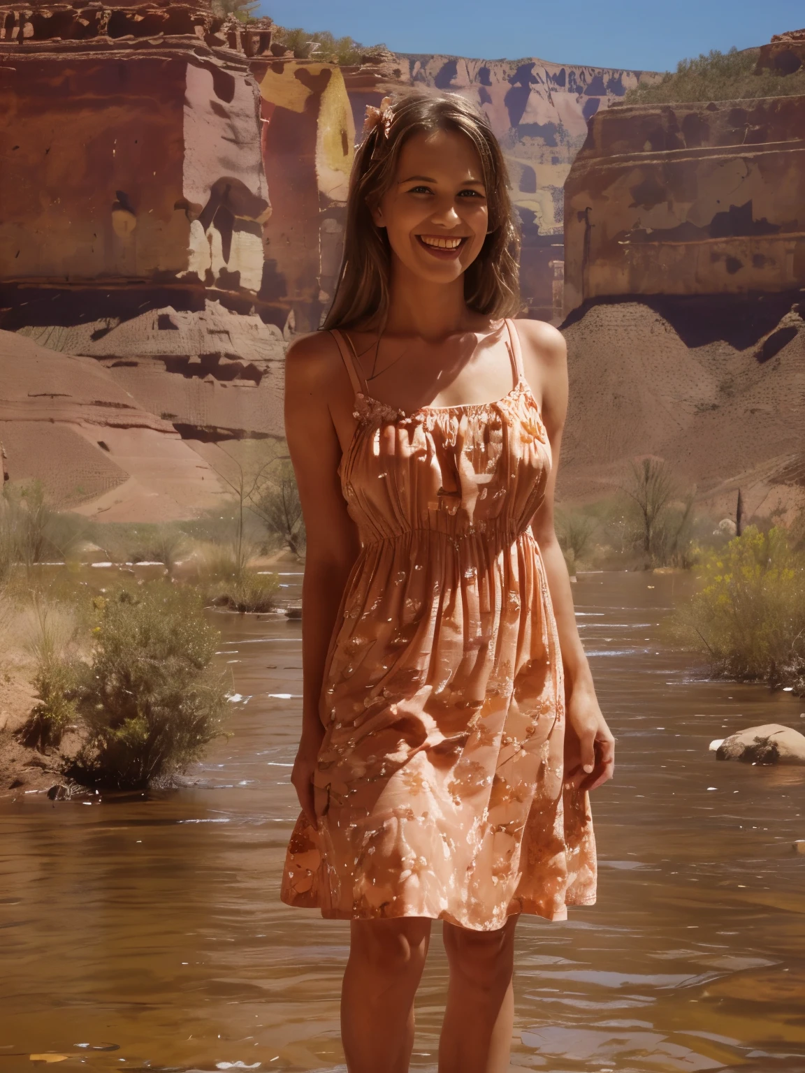 ((Realistic)), Beautiful 27ears woman, Ultra Realistic, ((peach color Sundress dress)), (floral Dress)), ((Grand Canyon River)), Standing beside big River bow, River has Floating water, Canyon Mountains, Beautiful smile, ((smile)), cactus, typical grand canyon plants, summer sky, birds in the sky