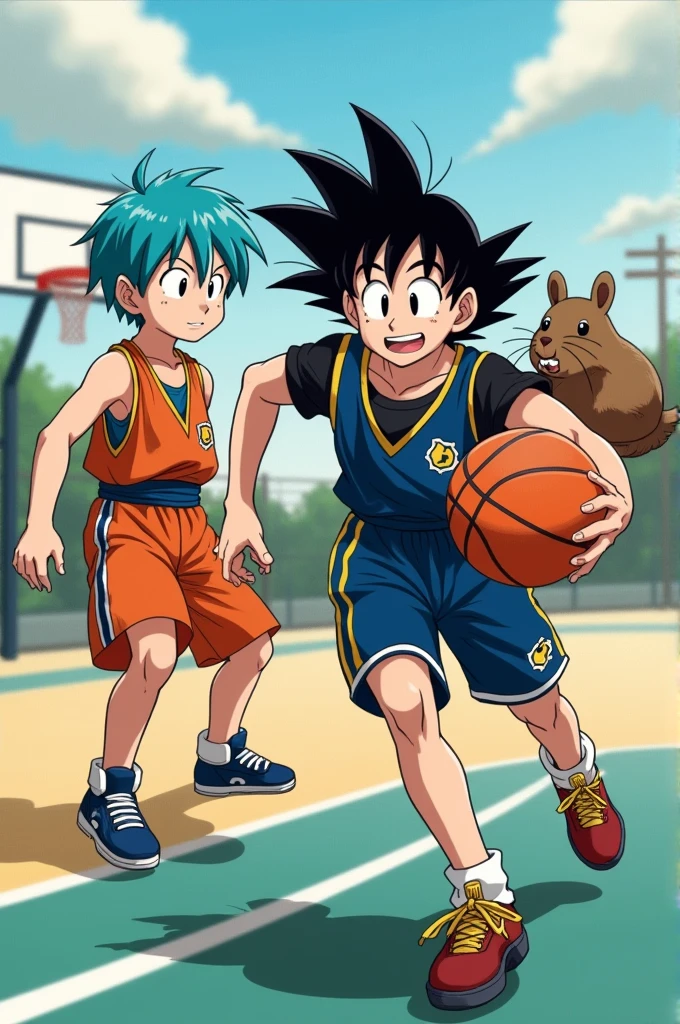 Create a guy, with a black short hair and black eyes in dragon ball style playing basketball with a guy with blue short hair in anime style and a capivara on the back